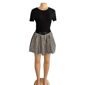 Bershka Black and White Plaid Pleated Mini Skirt